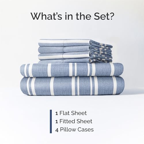 Image of King 6 Piece Bed Sheet Set - Breathable & Cooling Sheets - Blue Stripes