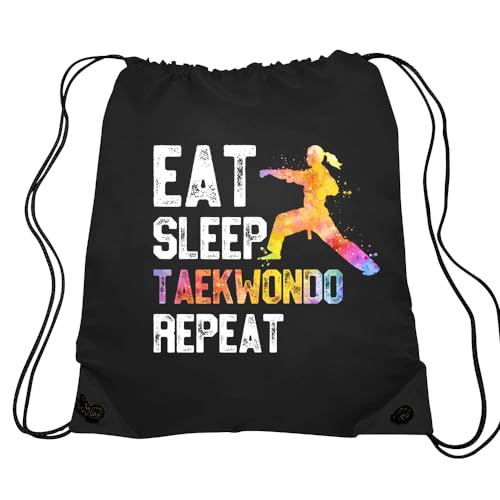 Haizct Eat Sleep Taekwondo Repeat Taekwondo Drawstring Backpacks, Unisex Drawstring Karate Bags for Gym Shopping Sport, Gifts for Women Taekwondo Lover