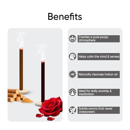 Image of Dhoop Sticks Pack of 2 (Sandalwood and Rose) I 80 Long Sticks I No Bamboo I No Charcoal I Puja Dhoop Sticks with Dharma Rath Chakra Dhoop Stand