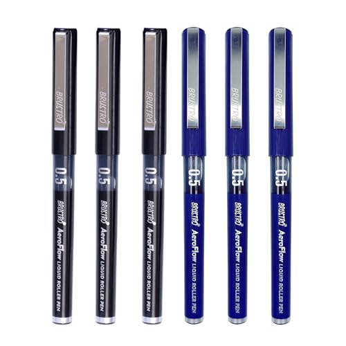 Image of BRUSTRO AeroFlow Liquid Ink Rollerball Pens| 3 Black & 3 Blue | Total Pack of 6 | 0.5mm, Micro Tip | Ideal for Students, Professionals, Office, Exam use, Accurate Smooth Writing, Fade Resistant