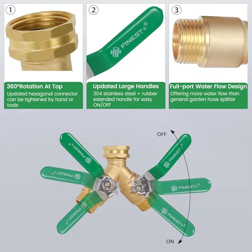 Garden Hose Splitter 2 Way, Heavy Duty Brass Y Valve Garden Hose Splitter With Stainless Steel Long Handle, Full Flow Hose Splitter Connector, Y Valve 3/4 Inch GHT Thread