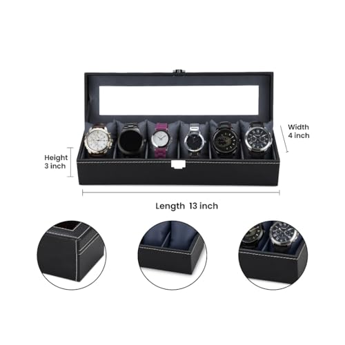 Image of Watch Box Organizer for Men and Women, 6 Slots, Leatherette, Black, Gift Box (Black::Grey)