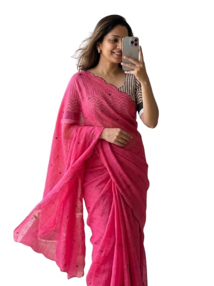 Image of Linen Cotton Saree with Black Mirror Work | New