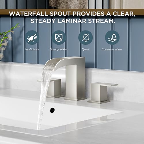 QFN Waterfall Bathroom Faucet 3 Hole 8" Widespread Brushed Nickel 2 Handle by QFN - Used condition - Image 3