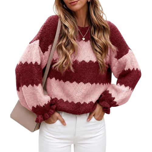 Striped Sweater Women Color Block Crew Neck Ruffle Sleeve Fall Sweaters - image 1