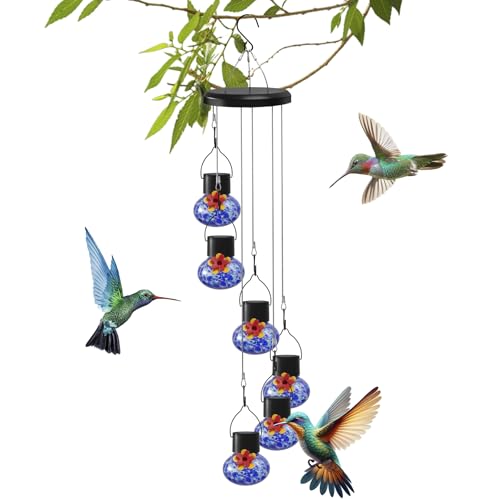 Solar-Powered Hummingbird Feeder with Wind Chime Elegance 6 Leak-Proof Glass Ports Frosted Design & Sea Night Lights Perfect Outdoor Gift for Nature Enthusiasts