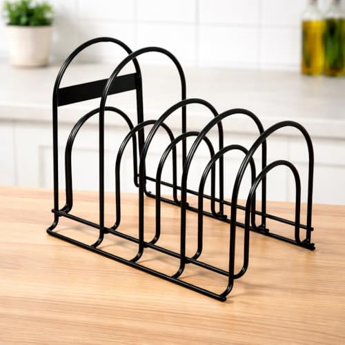 Image of Metal Pan and Pot Stand, Multipurpose Dish Drying and Storage Stand for Plates, Lids & Chopping Boards, Rust-Resistant Black Finish