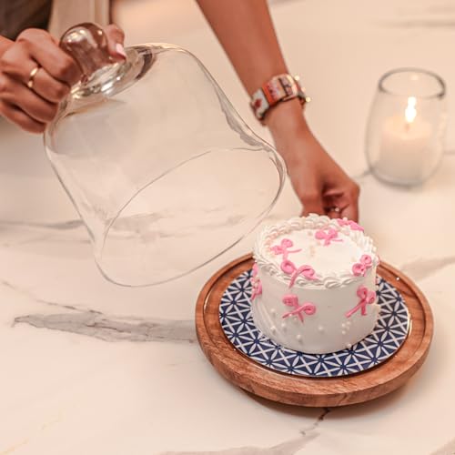 Image of Candy Cloud Acacia Wood Cake stand with Glass Dome | Multipurpose Dessert & Cupcake Display | Serving Cake Plate with Dome Lid | Pastry Stand