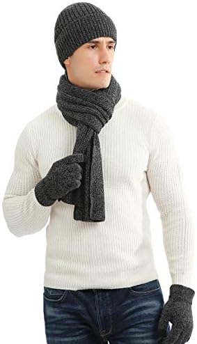 LAUSONS Hat Scarf Gloves Set for Mens 3 in 1 Winter Warm Fleece Lining Knitted Beanie Cap Slouchy Long Scarf and Touch Screen Gloves Unisex Sets For Daily Use Outdoor Sports