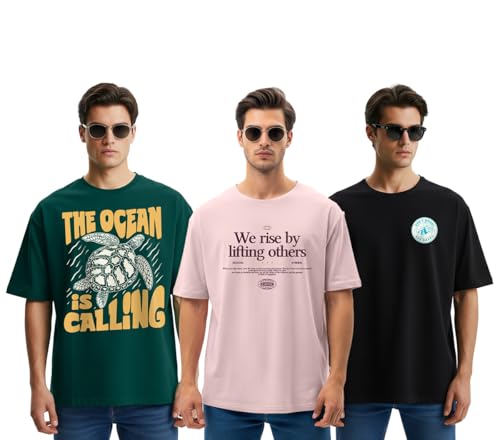Image of Cotton Blend Oversized Baggy Fit Drop Shoulder Round Neck Graphic Printed Half Sleeve T-Shirt Combo for Men (Pack of 3) (Available Sizes: S to 2XL)