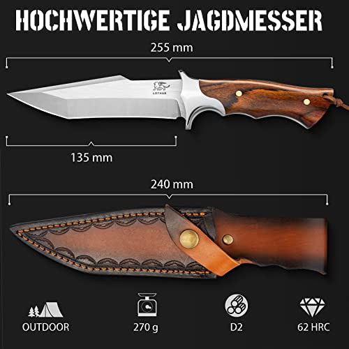 Foto von LOTHAR MOOSE Jagdmesser, Outdoor Messer aus D2 Stahl, Messer Outdoor mit Holzgriff, Bowiemesser, Bushcraft Messer, Überlebensmesser, für Outdoor Liebhaber und Abenteuer