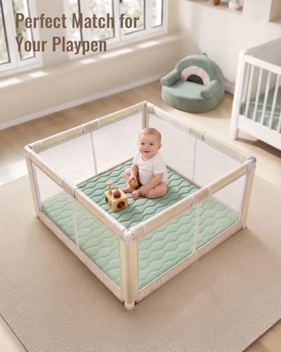 Image of Blissful Diary Baby Play Mat, 47x47 Infant Play Mat for Playpen, Thicken Foam Cushioned Baby Mat for Floor, Non-Slip Kids Play Mat, Washable Baby Playmat for Babies,Toddlers, Sage Green