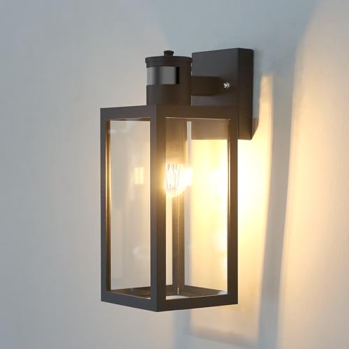 HLFVLITE Außenwandleuchte mit Bewegungsmelder aus Metall in mattschwarz und klaren Glas, 1-flammige Wandlampe Außenleuchte Alumniumguss IP54 Wasserdicht Max. 100W E27 Fassung