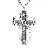 Cargari Cross Necklace for Men 925 Sterling Silver Deer Antler Fish Hook Cross Pendant Hunting Jewelry Father's Day Gifts