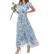 Women's Elegant Boho Floral Chiffon Maxi Dress Casual Summer V Neck Ruffle Short Sleeve Flowy Dre...