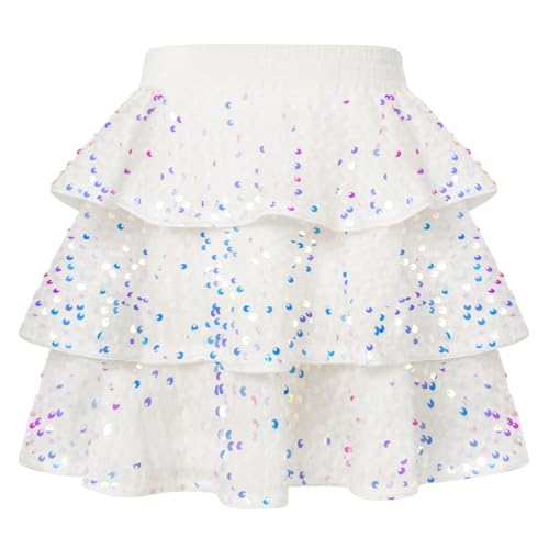 GRACE KARIN Falda de verano para niña, línea A, con lentejuelas, minifalda de fiesta, para niños, jazz, hip pop, disfraz de danza, blanco y multicolor, 10 años