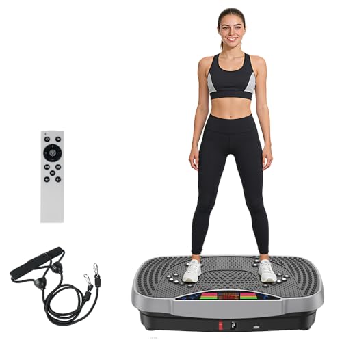 Piastra vibrante fitness con 99 livelli e 5 programmi di allenamento, design compatto con motore silenzioso, bande di allenamento, tavola vibrante per la casa brucia i grassi e la costruzione