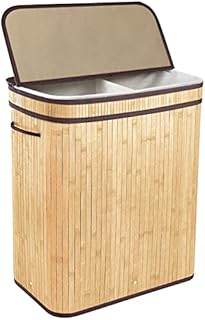 BRIAN & DANY 100L Bamboo Laundry Basket 2-Sectional Washing Box Bin Storage Hamper with Lid and Removable Liners, Natural