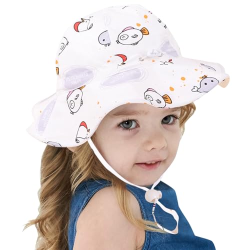 Image of Bold N Elegant Cartoon Print Kids Cotton Sun Hat with Adjustable Chin Strap, Beach Cap Fishing Hat for Boys and Girls