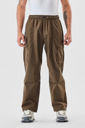 Image of SNITCH Men Cargo Pants | Loose Fit with Elastic Waistband & Drawstring | 100% Cotton Fabric with Utility Pockets | Streetwear Style for Casual Outings
