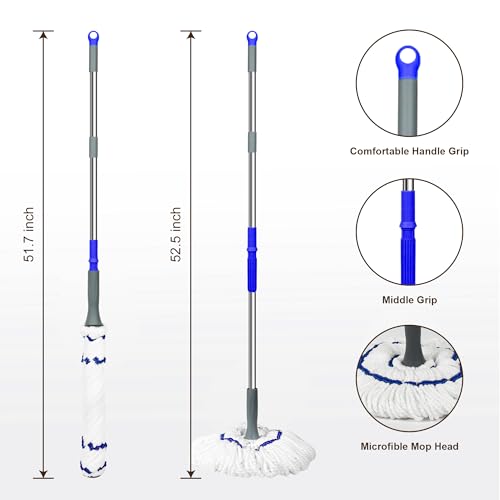 Image of Self Wringing Mop - Easy Squeeze Twist Mop with 52.5 Inch Long Handle, Heavy Duty for Hardwood, Tile, Vinyl & Laminate Floors (White-2 Head)