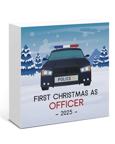 Image of Christmas Decor, First Christmas as Officer Wood Box Sign, Gifts for New Cop Future Police Officer, Xmas Police Home Office Decorations for Desk Table Shelf 5 X 5 Inches