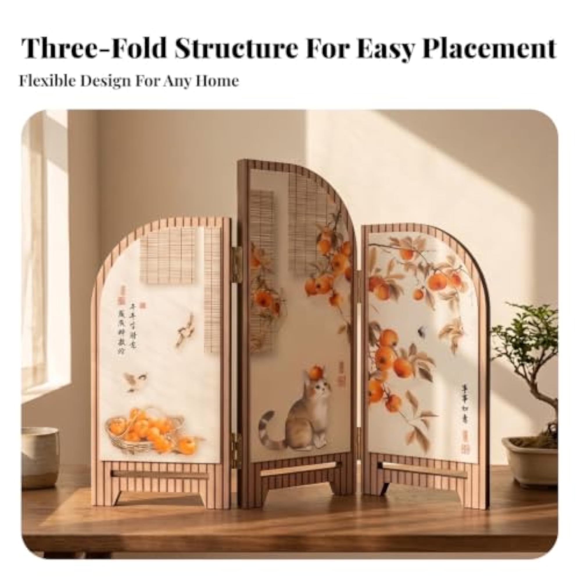 Hinged Desktop Folding Screen, Freestanding Three-Panel Partition