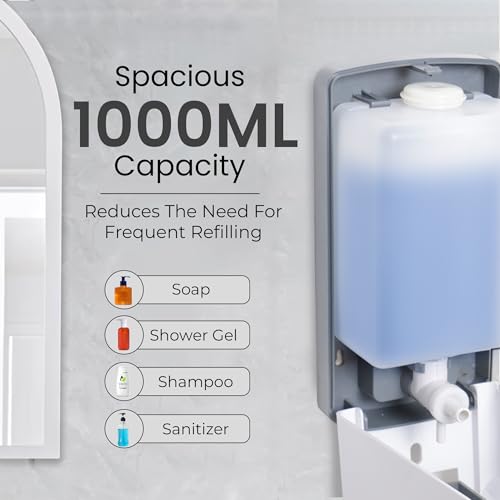 Image of Robustt Stylish Wall Mounted Liquid Soap Dispenser 1L (White, Pack of 10) - with Adhesive Hooks | Easy Installation for Bathroom & Kitchen - Durable ABS Material, Sleek Design