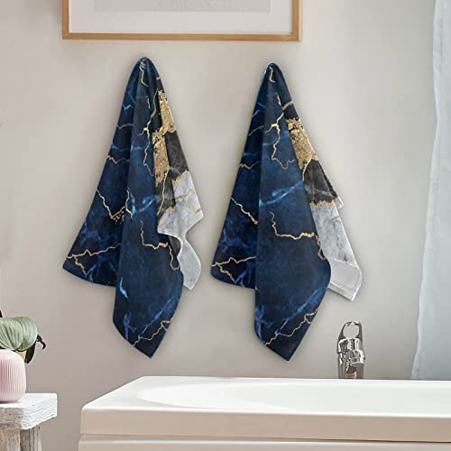 Bath Towels Set Of 2 Hand Towels For Bathroom Cotton Navy Blue Marble With Golden Veins Decorative 28X14In Absorbent Soft #TOP3