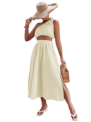 Lyaner Women's 2 Piece Outfit One Shoulder Crop Top And Side Split Midi Skirt Set With Pockets Solid Beige X-Small #TOP5