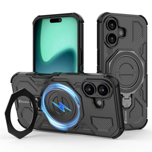 Image of KARWAN Tough Shockproof Armor Back Case Cover Compatible with iPhone 16 with 360 Degree Rotation Magnetic Attraction Ring, Holder Heavy Duty Rugged Cover with MagEaze Wireless Charging (Black)