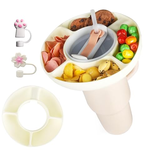 Fokroin Snackteller für Stanley Cup 40oz Stanley Cup Teller mit 4 Fächern Silikon Snackteller mit 2 Stück Stanley Cup Zubehör Snack-Halter Snack-Deckel für Süßigkeiten Vorspeisen Nüsse