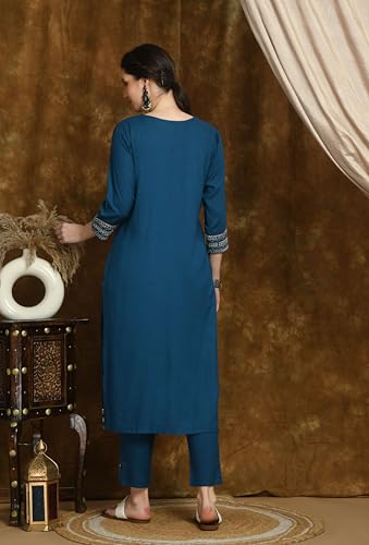 Image of Amazon Brand - Tavasya Women Rayon Straight Kurta Pant Dupatta Set | Embroidered Ethnic Suit Set | Regular Fit Kurta with Pant & Dupatta