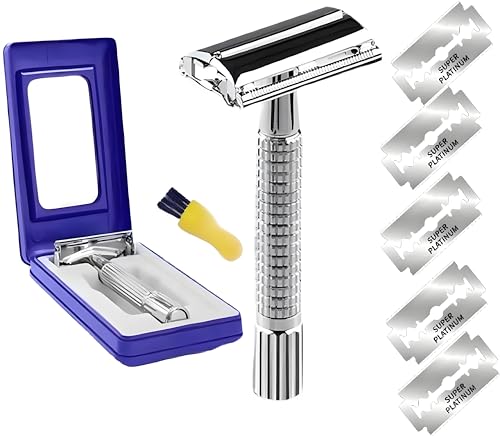 Double Edge Safety Razor for Unisex, 5 Platinum Coated Double Edge Blade Refills Safety Razo, Women Men's Razor with a Delicate Box,