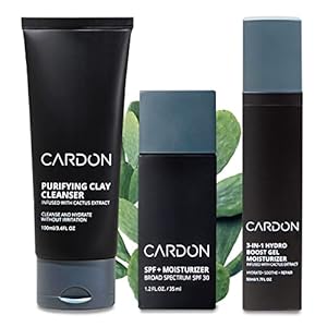 Cardon Cactus-Based Men’s Skincare Set | Premium Korean Skincare for Sensitive Skin and Oily Skin | Water-based Face Moisturizer with SPF 30, Gentle Face Wash, Repairing Night Cream with Vitamin E