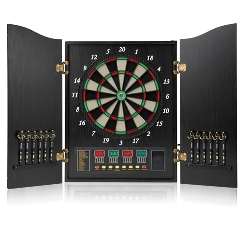 Juego de diana electrónica con gabinete, puntuación automática, 4 pantallas digitales LED, 12 dardos, 88 puntas suaves, 27 juegos para hasta 16 jugadores, función de coincidencia hombre-máquina