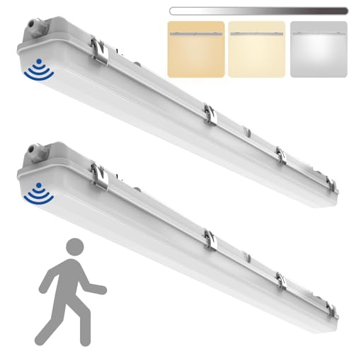 Image of 2 Pack 4FT Tri-Level Motion Sensor LED Waterproof Batten Light Fitting, Anti Corrosive IP65 20W/40W 125LM/W Strip Fixture, 3000K/4000K/5000K CCT Selectable, Dimmable Outdoor Ceiling Garage Light, UKCA