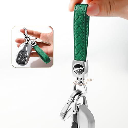 Image of Gkeygo Carabiner Keychain, Universal Heavy Duty Woven Handmade Leather Key Chain, Car Fob Key Keychains with 360 Degree Rotatable Snap Swivel and Anti-Lost D-Ring for Men and Women, Silver - Green