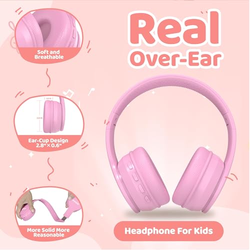 Image of MIDOLA Kids Headphones Bluetooth 5.4 Wireless 68H Play Time Volume Limit 85 /94dB Over-Ear Foldable Headset,Type-C Fast Charging,with Wired Aux Mic for Toddler Child Pad Tablet Pink