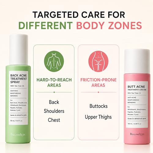 Image of BellamiLuxx 4-Step Body Acne Clarifying Routine, with Soap Bar, Body Scrub, Back Acne Spray & Butt Acne Lotion for Breakouts, Bumps and Rough Texture, Men & Women