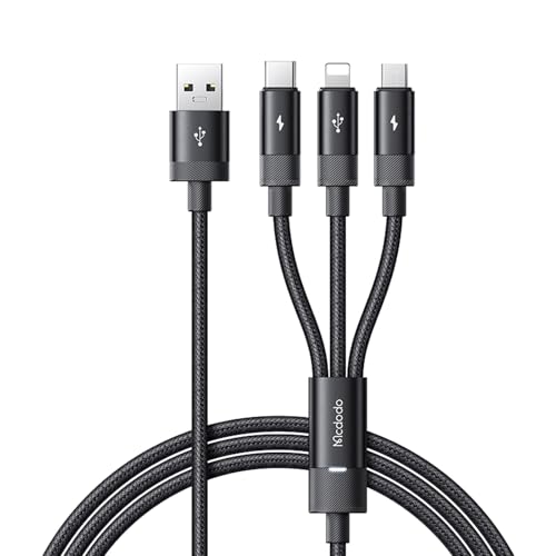 Image of Mcdodo 3 in 1 Rapid Charging Cable, 3.5 m (1.2 m), 3.5 A Rapid Charging, 3 Types of Simultaneous Charging, High Speed Data Transfer (Lightning Only), i-Phone Cable, USB-C Cable, Micro USB Cable,