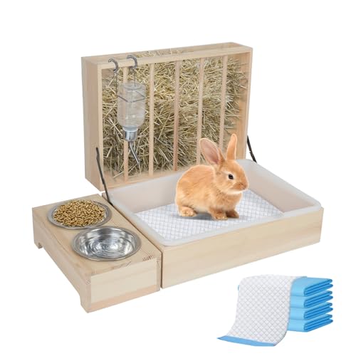 Multifunktionale große Heuraufe mit Toilette, Heuraufe Kaninchen Holz, Heuraufe, komplett mit Tränke und Futternapf, Geeignet für Kaninchen, Meerschweinchen, Hamster, Kleintiere (4 in 1)