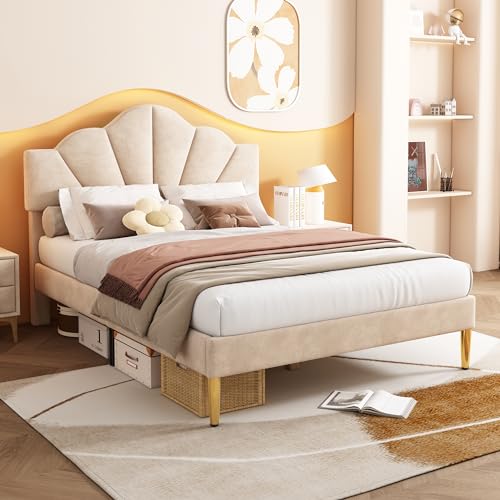 NuvlaGu Cama tapizada 140 x 200 cm de terciopelo con banco, cabecero de conchas de altura ajustable, estructura de cama con somier, banco de almacenamiento, patas metálicas doradas, beige
