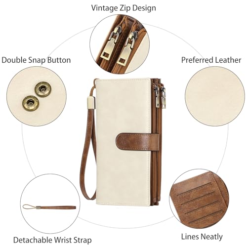 Image of GOIACII Large Wallet for Women Leather Wristlet Beige Brown