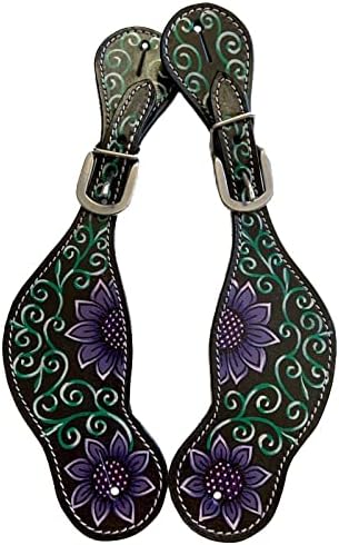 Leather Spur Straps with Painted Purple Flowers Teal Green Vine