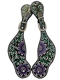 Equitem Leather Spur Straps with Painted Purple Flowers Teal Green Vine (Ladies 10