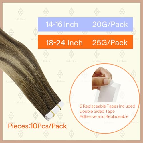 Image of Full Shine Tape in Hair Extensions Human Hair 14Inch Machine Virgin Tape in Extensions Color Medium Brown to Honey Blonde Balayage Short Skin Weft Hair Extensions 10Pcs 20Gram for Women