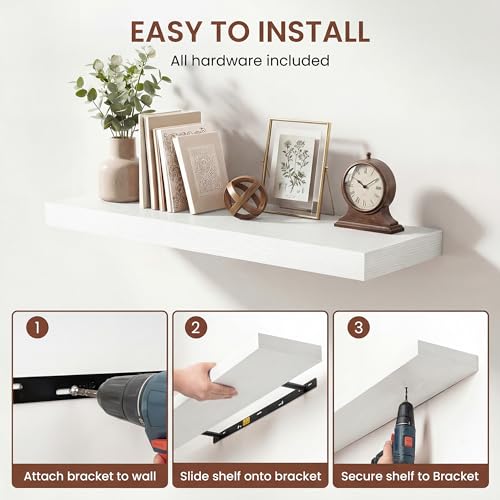 Image of Dreamland 48 Inches Floating Shelves for Wall, 9.3 inch Deep Long Floating Shelves Set of 1, Large Display & Storage Shelf, Wall Shelf for Bathroom Bedroom Living Room Kitchen Office, White