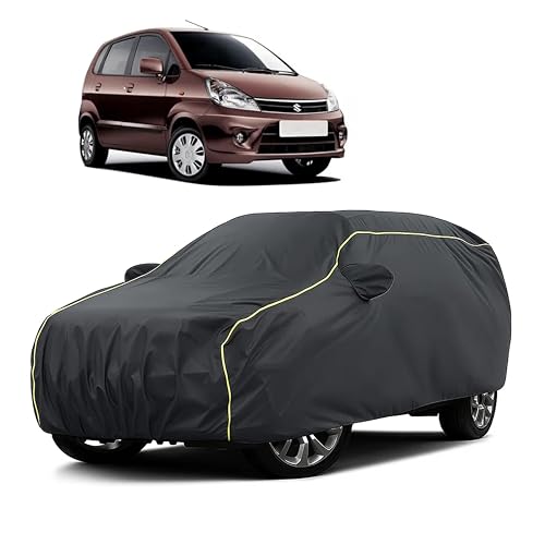 Image of Sulfar 100% Water Resistant Car Body Cover Compatible with Mirror for Maruti Suzuki Zen Estilo (Triple Stitched, Full Bottom Elastic, Dark Grey Taffeta with Yellow Piping)