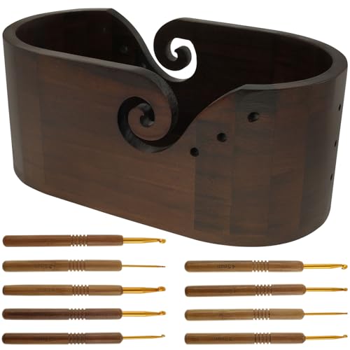 Image of Wooden Yarn Bowl, Yarn Bowls for Crocheting, Large Crochet Yarn Holder w 9pcs Knitting Hooks, Oval Wood Knitting Bowl, Yarn Storage Crochet Bowl for Crocheting and Knitting Lovers 11.2x6x4.7inch